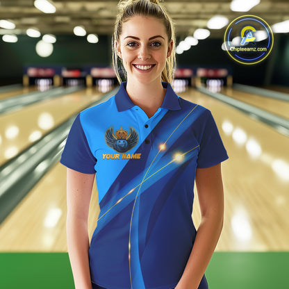Blue and Gold Crown Bowling ball wings Bowling Shirts For Women Custom Bowling Team Outfits NQS10550