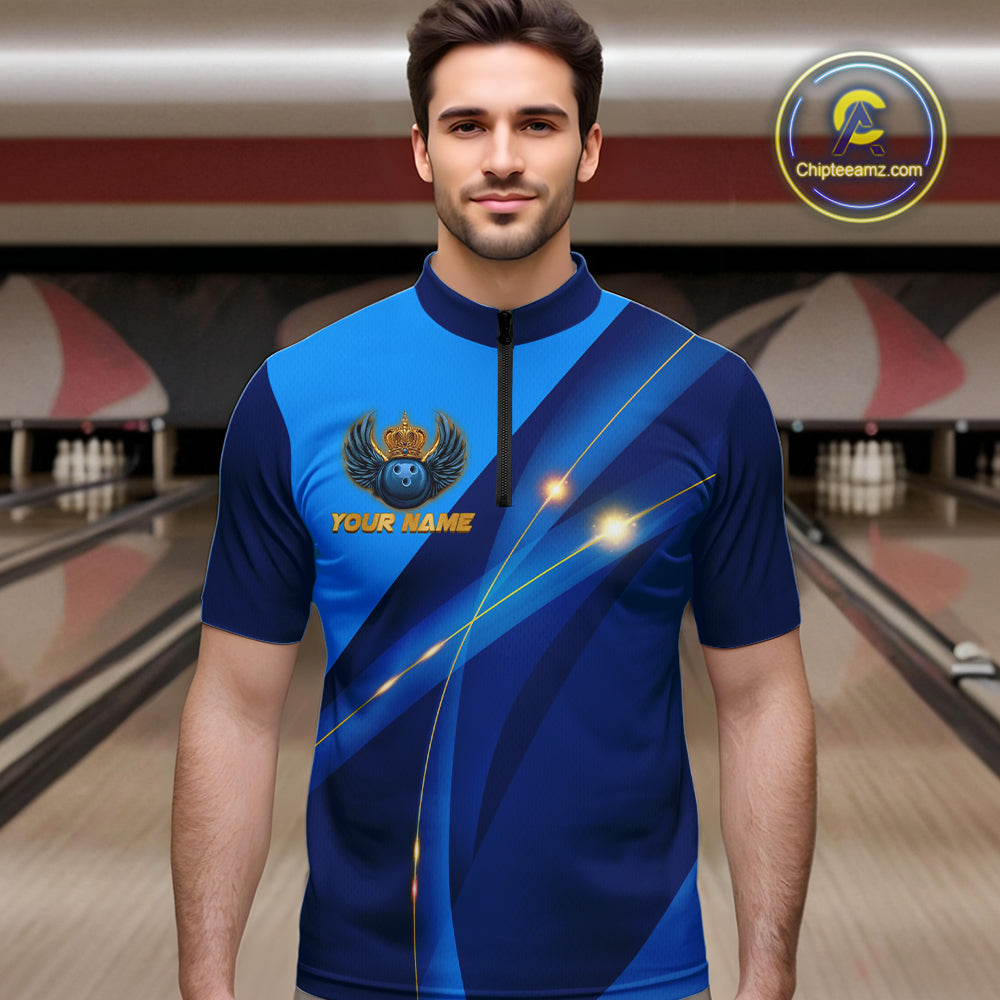 Blue and Gold Crown Bowling ball wings Bowling Shirts For Men Custom Bowling Team Outfits NQS10550