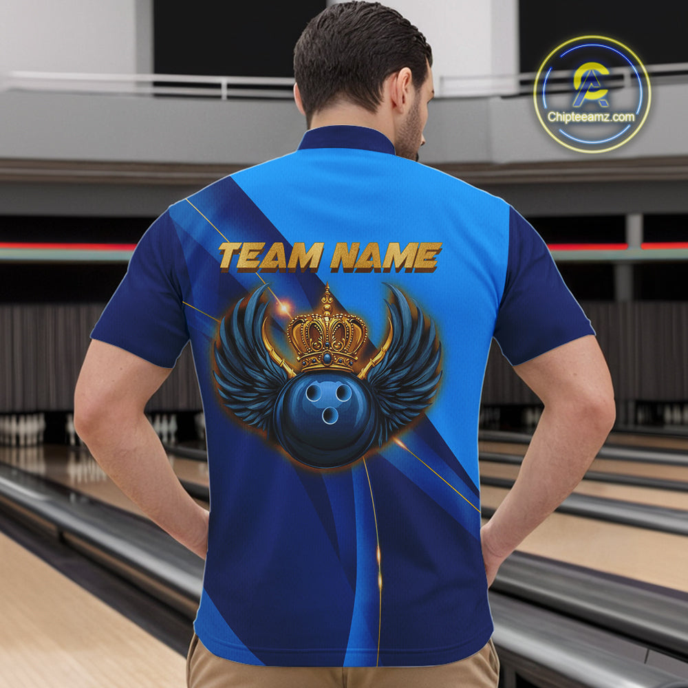 Blue and Gold Crown Bowling ball wings Bowling Shirts For Men Custom Bowling Team Outfits NQS10550