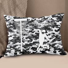 Load image into Gallery viewer, Personalized disc golf basket black gray camouflage pattern custom name Canvas, Linen Throw Pillow NQS7026