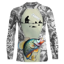 Load image into Gallery viewer, Personalized Winter camo Crappie Ice Fishing Shirts Custom Team Crappie Long Sleeve Fishing Jersey NQS9288