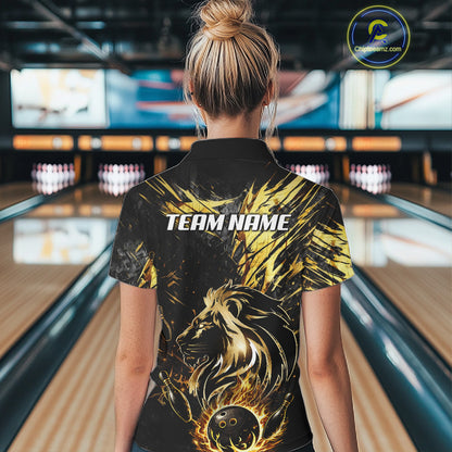 Black and Gold Lion Bowling Polo, 1/4 Zip Shirt for Women Custom Lion Bowling Team jerseys NQS11682