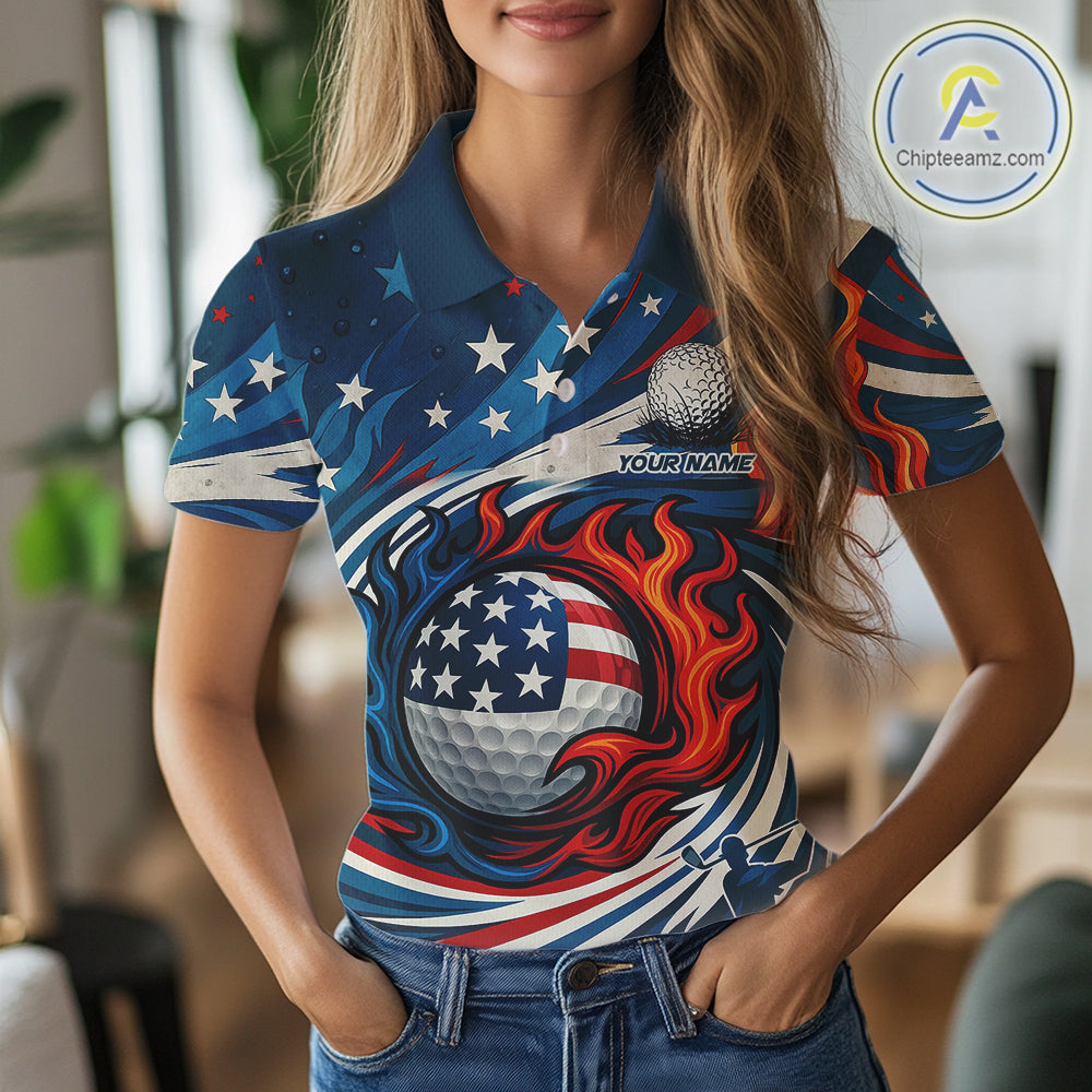 American Flag pattern Flame golf ball Women Golf polo shirts Custom patriotic Golf Outfit For Women NQS10038