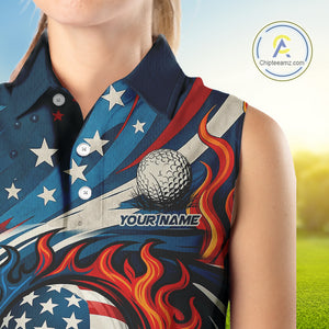 American Flag pattern Flame golf ball Sleeveless Golf polo shirts Custom patriotic women Golf Outfit NQS10038