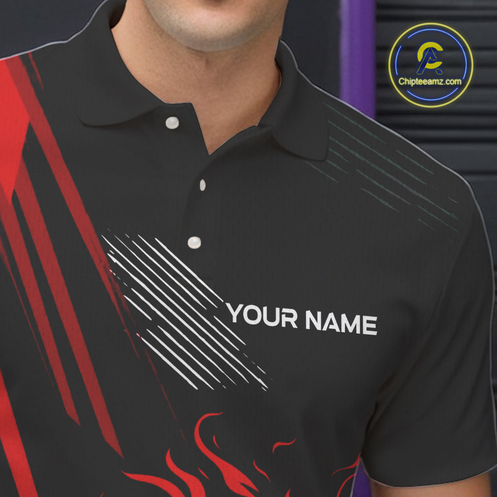 Black and Red Flame Bowling Polo, Quarter Zip Shirts For Men Custom Bowling Outfit Team Jerseys NQS10192