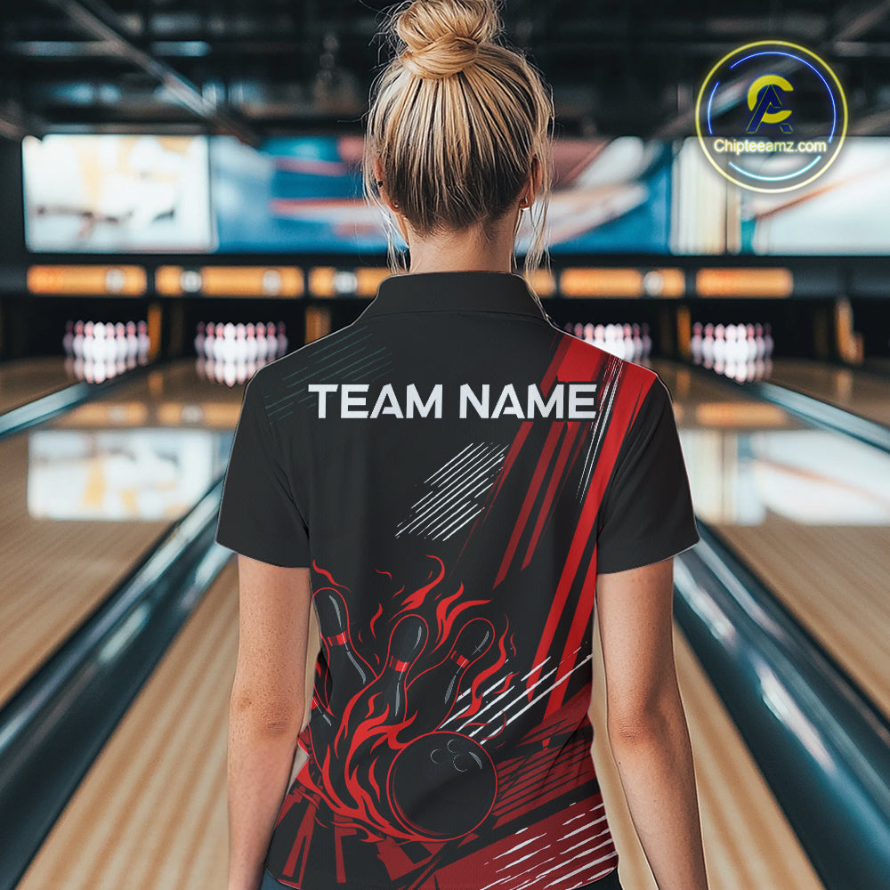 Black and Red Flame Bowling Polo, Quarter Zip Shirts For Women Custom Bowling Outfit Team Jerseys NQS10192