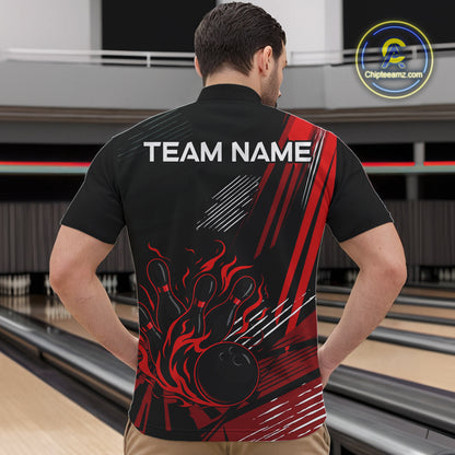 Black and Red Flame Bowling Polo, Quarter Zip Shirts For Men Custom Bowling Outfit Team Jerseys NQS10192
