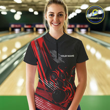 Load image into Gallery viewer, Black and Red Flame Bowling Polo, Quarter Zip Shirts For Women Custom Bowling Outfit Team Jerseys NQS10192