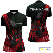Load image into Gallery viewer, Black and Red Flame Bowling Polo, Quarter Zip Shirts For Women Custom Bowling Outfit Team Jerseys NQS10192