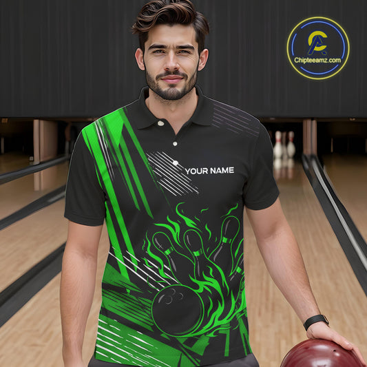 Black and Green Flame Bowling Polo, Quarter Zip Shirts For Men Custom Bowling Outfit Team Jerseys NQS10193