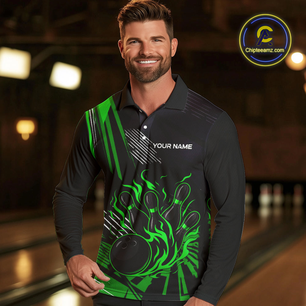 Black and Green Flame Bowling Polo, Quarter Zip Shirts For Men Custom Bowling Outfit Team Jerseys NQS10193