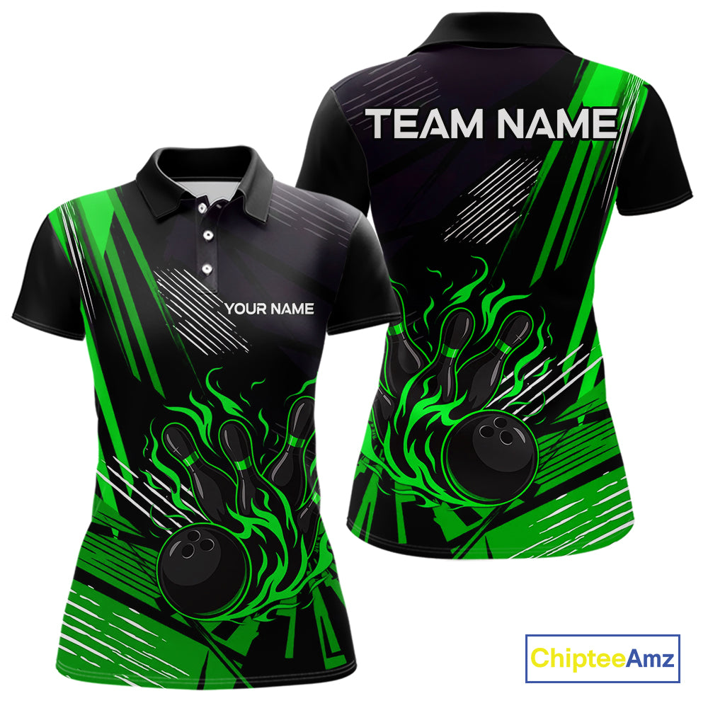 Black and Green Flame Bowling Polo, Quarter Zip Shirts For Women Custom Bowling Outfit Team Jerseys NQS10193