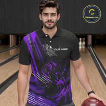 Load image into Gallery viewer, Black and Purple Flame Bowling Polo, Quarter Zip Shirts For Men Custom Bowling Outfit Team Jerseys NQS10194