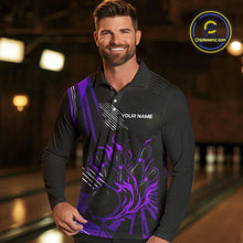 Load image into Gallery viewer, Black and Purple Flame Bowling Polo, Quarter Zip Shirts For Men Custom Bowling Outfit Team Jerseys NQS10194