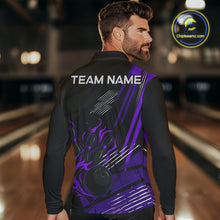 Load image into Gallery viewer, Black and Purple Flame Bowling Polo, Quarter Zip Shirts For Men Custom Bowling Outfit Team Jerseys NQS10194