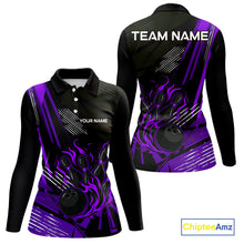 Load image into Gallery viewer, Black and Purple Flame Bowling Polo, Quarter Zip Shirts For Women Custom Bowling Outfit Team Jerseys NQS10194