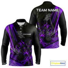 Load image into Gallery viewer, Black and Purple Flame Bowling Polo, Quarter Zip Shirts For Men Custom Bowling Outfit Team Jerseys NQS10194