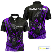 Load image into Gallery viewer, Black and Purple Flame Bowling Polo, Quarter Zip Shirts For Men Custom Bowling Outfit Team Jerseys NQS10194