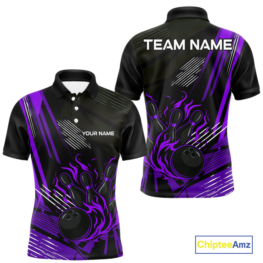 Black and Purple Flame Bowling Polo, Quarter Zip Shirts For Men Custom Bowling Outfit Team Jerseys NQS10194