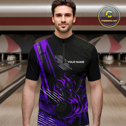 Black and Purple Flame Bowling Polo, Quarter Zip Shirts For Men Custom Bowling Outfit Team Jerseys NQS10194