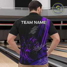 Load image into Gallery viewer, Black and Purple Flame Bowling Polo, Quarter Zip Shirts For Men Custom Bowling Outfit Team Jerseys NQS10194