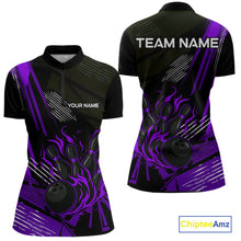 Load image into Gallery viewer, Black and Purple Flame Bowling Polo, Quarter Zip Shirts For Women Custom Bowling Outfit Team Jerseys NQS10194