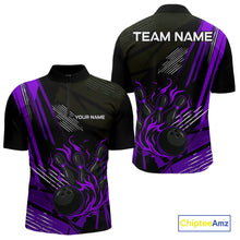 Load image into Gallery viewer, Black and Purple Flame Bowling Polo, Quarter Zip Shirts For Men Custom Bowling Outfit Team Jerseys NQS10194