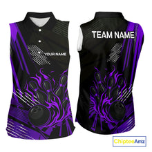 Load image into Gallery viewer, Black and Purple Flame Bowling sleeveless polo Shirts Custom Bowling Outfit Team Jerseys NQS10194