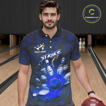 Load image into Gallery viewer, Blue Camo strike Men's Bowling Polo, Quarter Zip Shirt Custom Team Bowling jersey, gift for bowler NQS10343