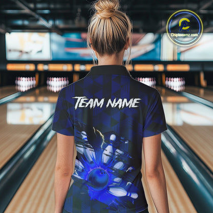 Blue Camo strike Women's Bowling Polo, Quarter Zip Shirt Custom Team Bowling jersey, gift for bowler NQS10343