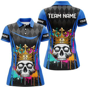 Black argyle pattern colorful Skull matching golf shirts for couples custom golf outfits | Blue NQS8379