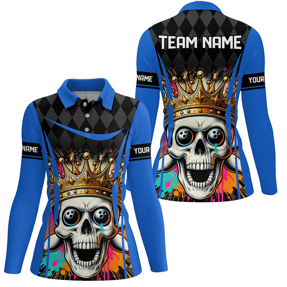 Black argyle pattern colorful Skull Custom Bowling Shirt for Women Personalized Bowling Team Jerseys NQS8380