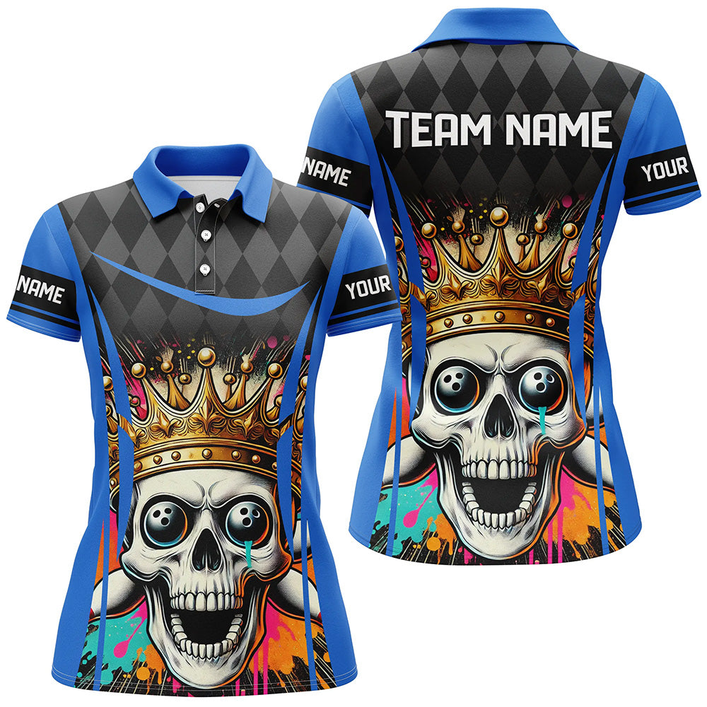 Black argyle pattern colorful Skull Custom Bowling Shirt for Women Personalized Bowling Team Jerseys NQS8380