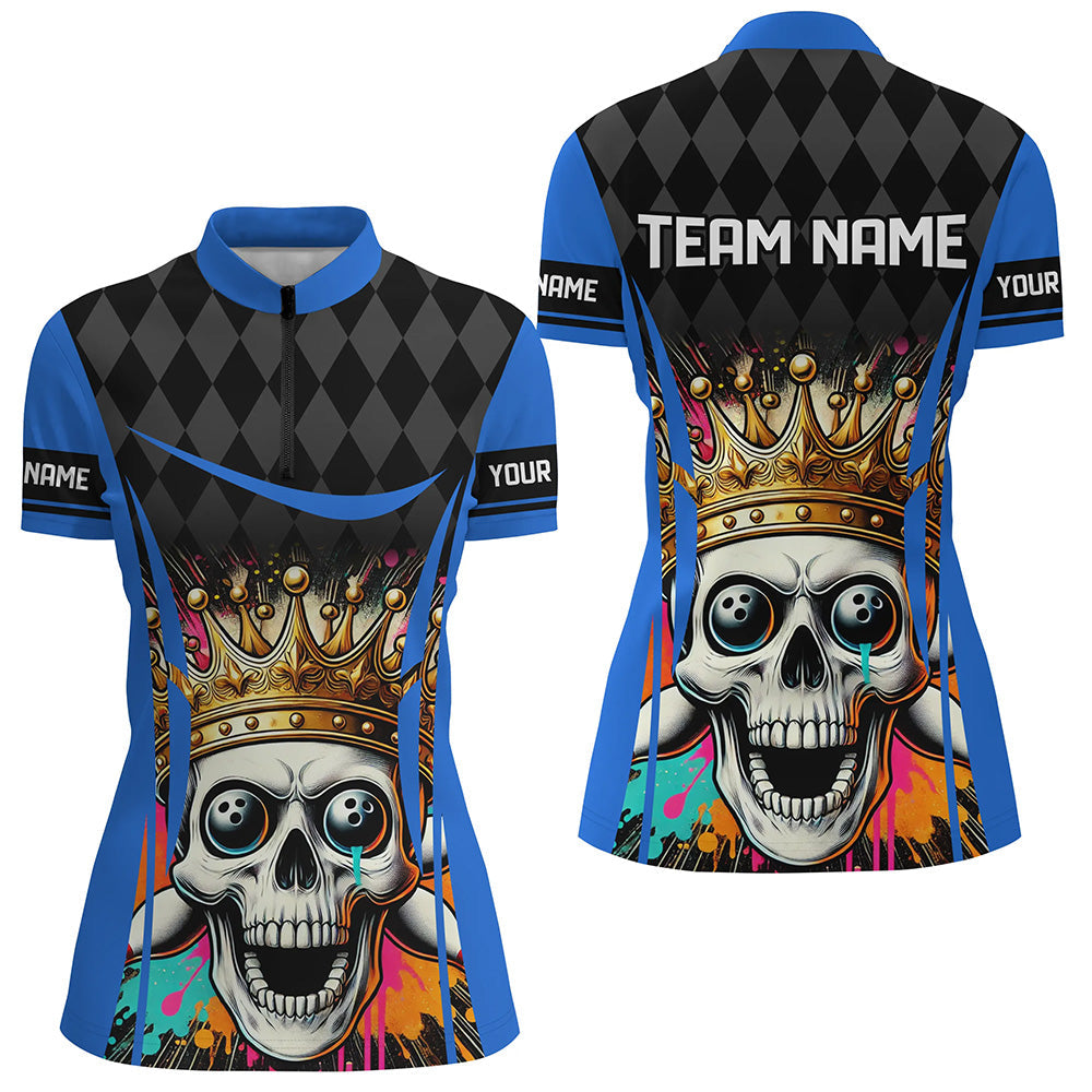 Black argyle pattern colorful Skull Custom Bowling Shirt for Women Personalized Bowling Team Jerseys NQS8380