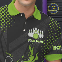 Load image into Gallery viewer, Personalized Black and Green Flame Bowling Polo, 1/4 Zip Shirts For Men, Custom bowling Team Jerseys NQS10772