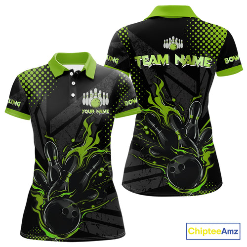 Personalized Black and Green Flame Bowling Polo, 1/4 Zip Shirts For Women, Custom bowling Team Jersey NQS10772