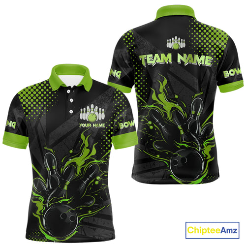 Personalized Black and Green Flame Bowling Polo, 1/4 Zip Shirts For Men, Custom bowling Team Jerseys NQS10772