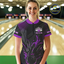 Load image into Gallery viewer, Personalized Black and Purple Flame Bowling Polo, 1/4 Zip Shirt For Women, Custom bowling Team Jersey NQS10773