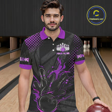 Load image into Gallery viewer, Personalized Black and Purple Flame Bowling Polo, 1/4 Zip Shirts For Men, Custom bowling Team Jerseys NQS10773