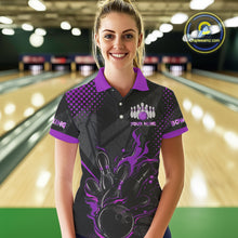 Load image into Gallery viewer, Personalized Black and Purple Flame Bowling Polo, 1/4 Zip Shirt For Women, Custom bowling Team Jersey NQS10773