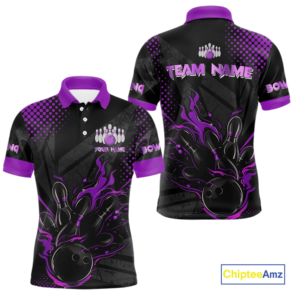 Personalized Black and Purple Flame Bowling Polo, 1/4 Zip Shirts For Men, Custom bowling Team Jerseys NQS10773