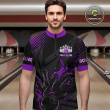 Load image into Gallery viewer, Personalized Black and Purple Flame Bowling Polo, 1/4 Zip Shirts For Men, Custom bowling Team Jerseys NQS10773