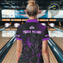Load image into Gallery viewer, Personalized Black and Purple Flame Bowling Polo, 1/4 Zip Shirt For Women, Custom bowling Team Jersey NQS10773