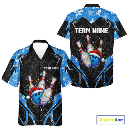Black Camo Blue Christmas Hawaiian bowling shirt Custom Team bowling button up shirt gift for bowlers NQS10966