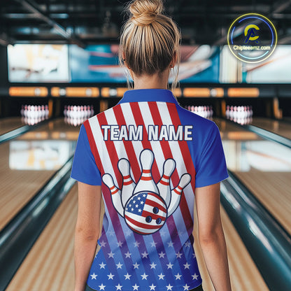 Red, White and Blue US Flag Bowling Shirts for Women Custom Patriotic Bowling Team Jerseys NQS11148
