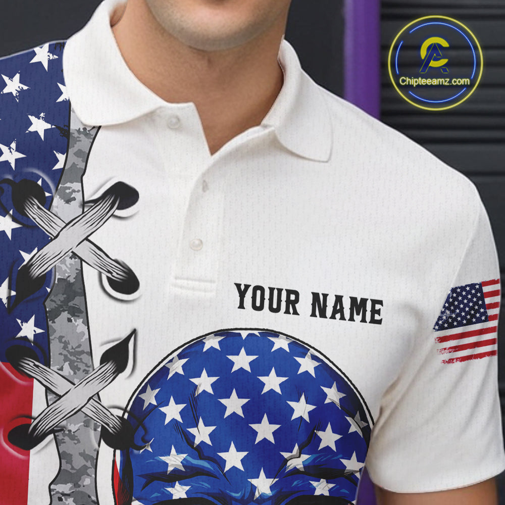 American Flag Skull Bowling Polo, Quarter Zip Shirts for Men Custom Patriotic Bowling Team jerseys NQS11694