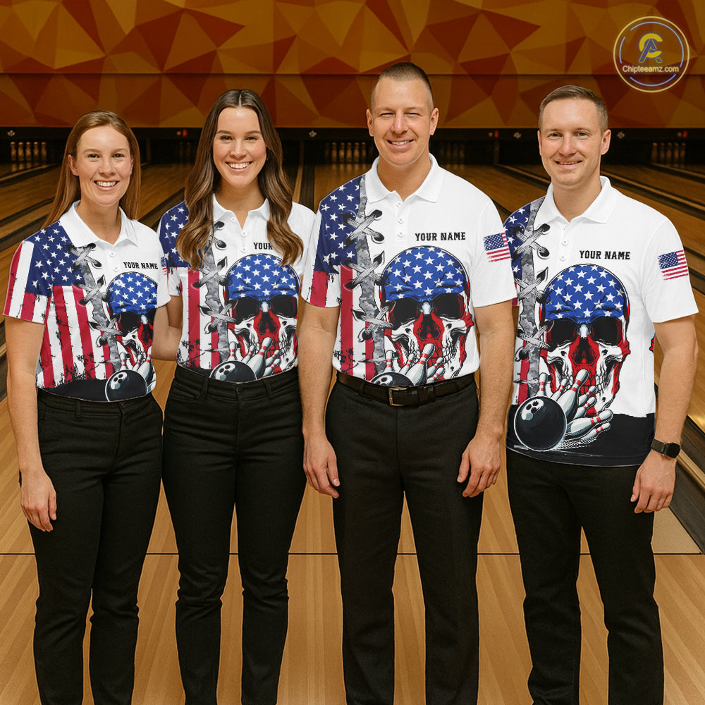 American Flag Skull Bowling Polo, Quarter Zip Shirts for Men Custom Patriotic Bowling Team jerseys NQS11694