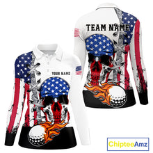 Load image into Gallery viewer, American Flag Skull Flame Golf Ball Womens Golf Polo shirts Custom Patriotic golf attire for ladies NQS11695