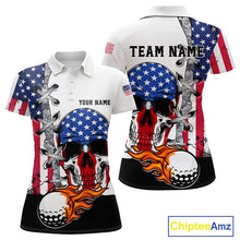 Load image into Gallery viewer, American Flag Skull Flame Golf Ball Womens Golf Polo shirts Custom Patriotic golf attire for ladies NQS11695