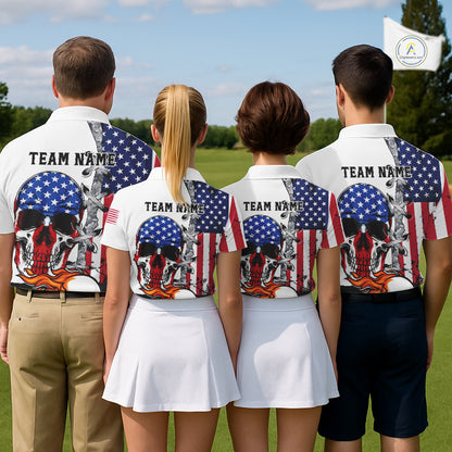 American Flag Skull Flame Golf Ball Womens Golf Polo shirts Custom Patriotic golf attire for ladies NQS11695